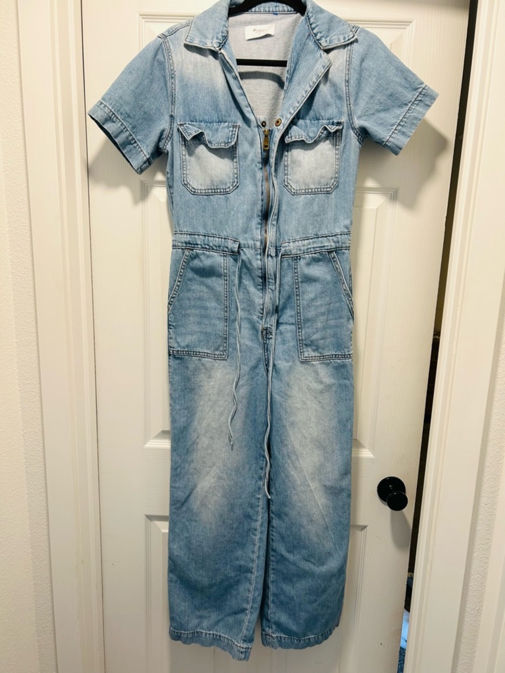 KanCan Light Wash Denim Jumpsuit - Short Sleeve Utility Style